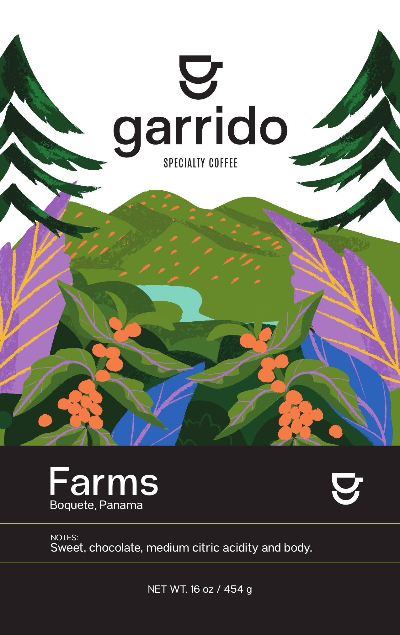 Etiqueta de la bolsa de 1 lb del lote Farms, Garrido Specialty Coffee, Boquete, Panamá